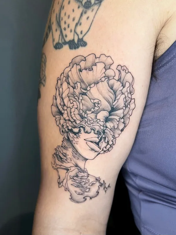 Black-and-grey tattoo of a face dissolving into carnation petals on an upper arm