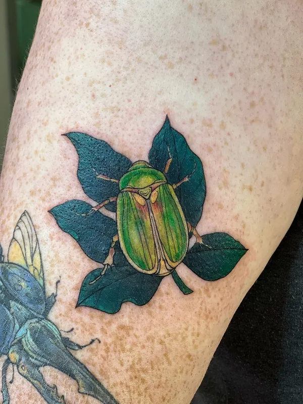 Color tattoo of a green scarab beetle resting on dark green leaves on an upper arm