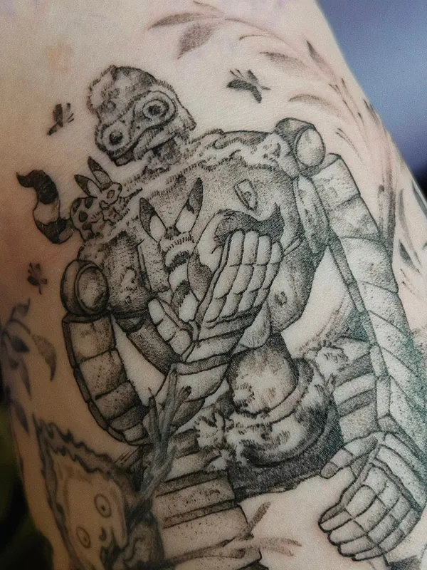 Dotwork black-and-grey tattoo of the Laputa robot from Castle in the Sky cradling a fox-squirrel among leaves