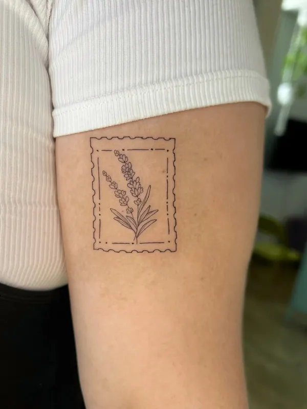Minimal fine-line tattoo of a lavender sprig inside a postage-stamp frame on the back of an upper arm