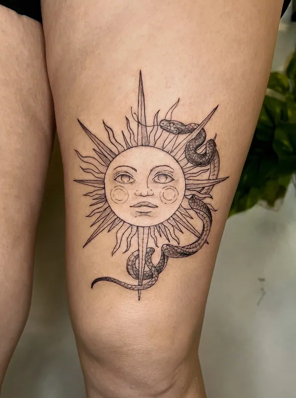 Fine-line black-and-grey tattoo of a sun with a face wrapped by a coiling snake on a thigh