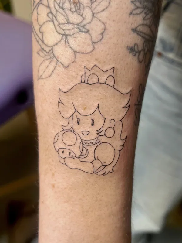 Linework tattoo of Princess Peach holding Toad from Super Mario, drawn in clean outline, on a forearm