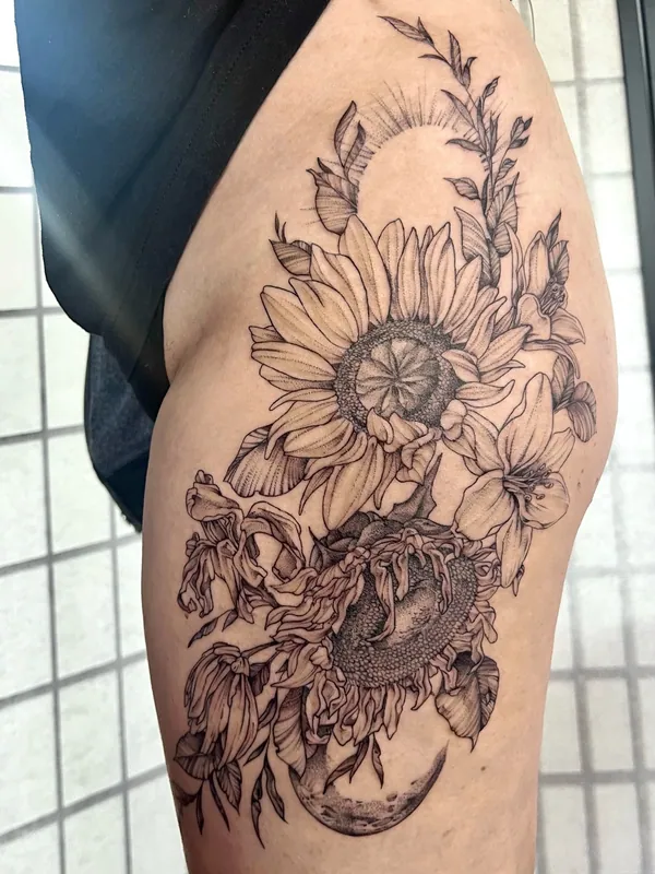 Fine-line black-and-grey tattoo of a blooming and a wilting sunflower with lilies, sun and crescent moon on a thigh