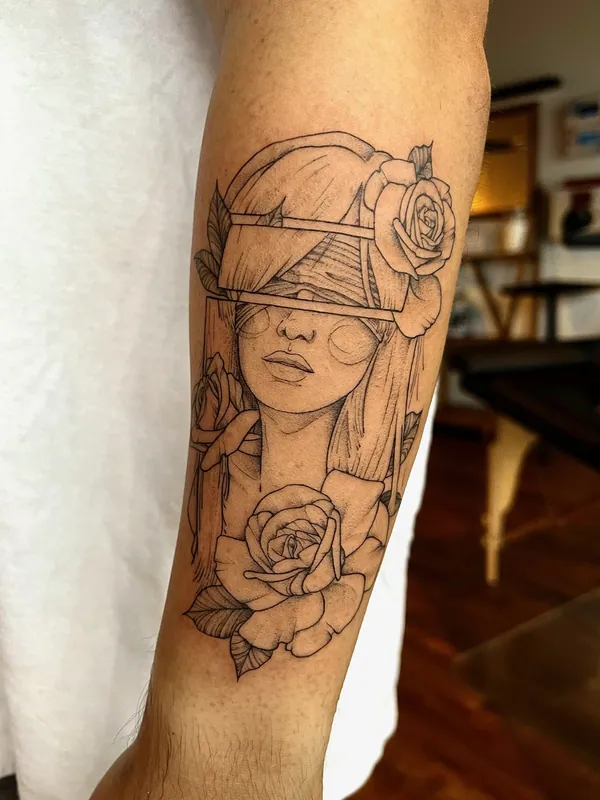 Fine-line black-and-grey tattoo of a woman's face split into shifted bands, with roses, on a forearm
