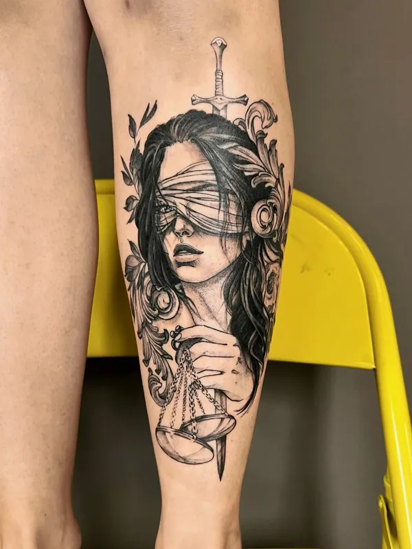 Black-and-grey tattoo of blindfolded Lady Justice holding scales with a sword behind her and filigree on a calf