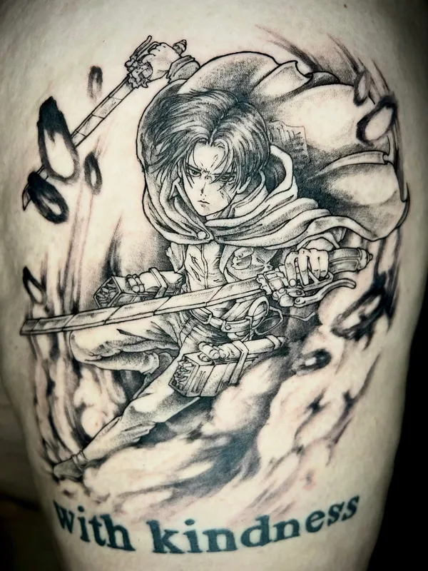 Black-and-grey anime tattoo of Levi from Attack on Titan mid-strike with twin blades and cloak flying
