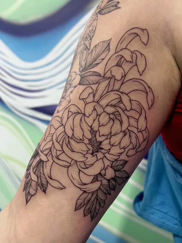 Fine-line black-and-grey chrysanthemum tattoo with layered petals and leaves on an inner upper arm