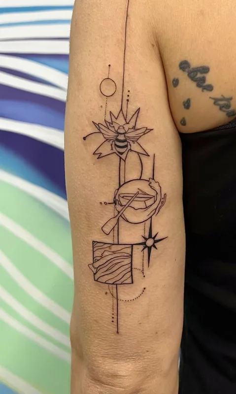 Fine-line geometric tattoo stacking a bee on a lotus, cupped hands, a star and a topographic square on an upper arm
