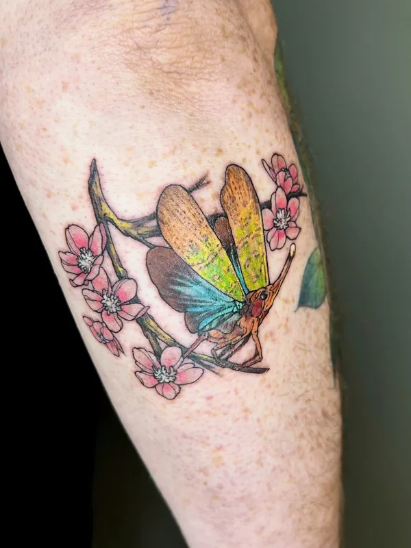 Color tattoo of a winged insect with amber and teal wings perched on a cherry blossom branch on a forearm