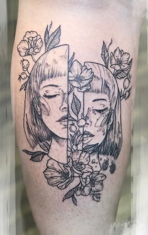 Fine-line black-and-grey tattoo of two women's faces split and offset, with blossoms and raspberries, on a calf