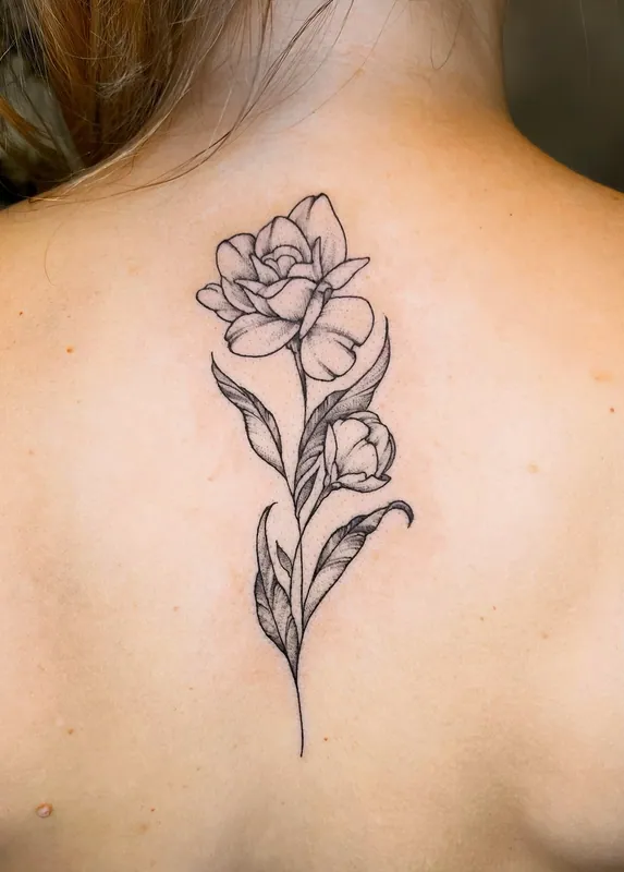 Fine-line black-and-grey tattoo of two ranunculus blooms on a single stem at the upper back