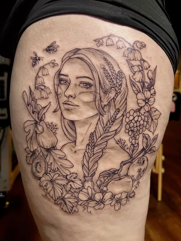 Fine-line black-and-grey tattoo of a woman with a wheat braid framed by fruit, blossoms, lily of the valley and bees on a thigh