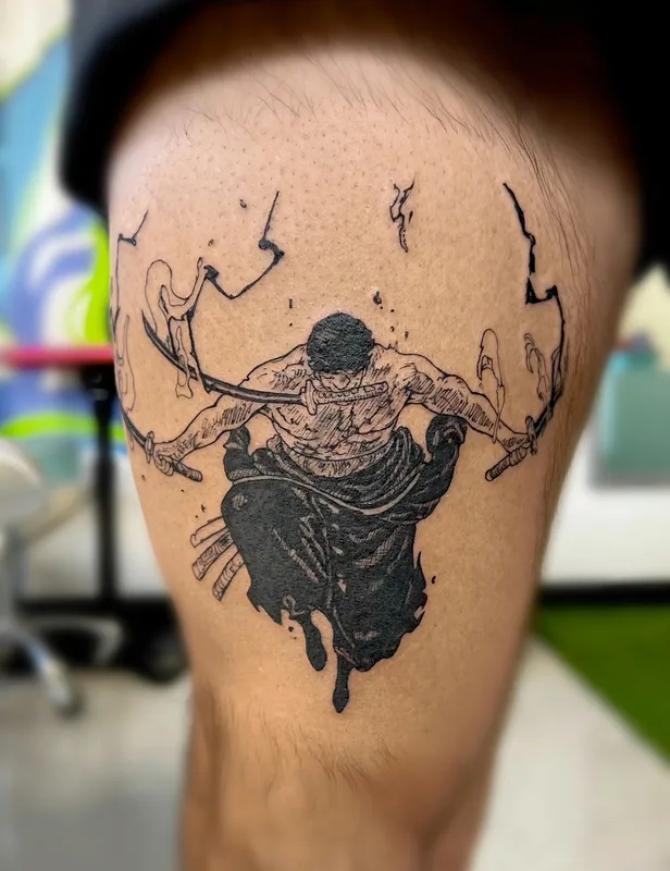 Blackwork anime tattoo of Roronoa Zoro from One Piece in three-sword stance on a thigh