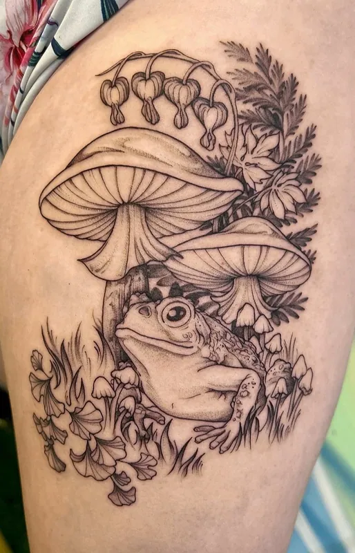 Black-and-grey fine-line tattoo of a toad beneath mushrooms, ferns and bleeding-heart flowers on a thigh