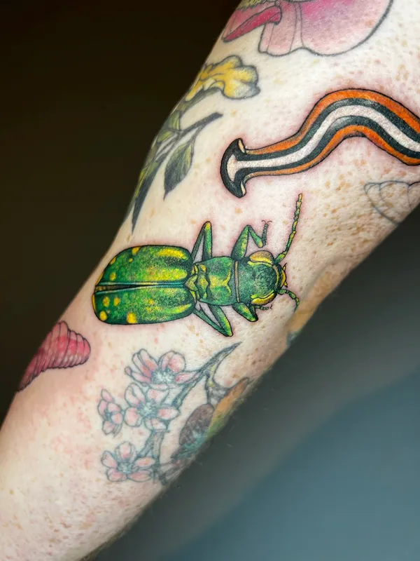 Color realism tattoo of a green iridescent beetle on a forearm among other colourful tattoos